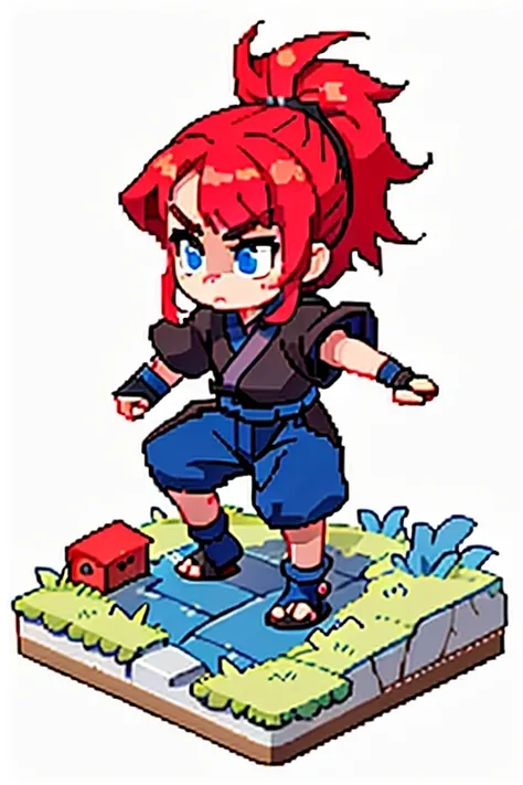 ninja girl, red hair, blue eyes,black cloth, isometric view,white background,angry face,town,