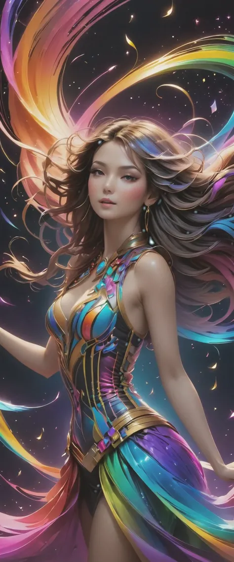 Woman, long hair transforming into an array of musical notes mid-flight, each note birthing a spectrum of brilliant colors, neon-hued ethereal particles orbiting her, embodying a visual symphony, 3D render, ultra-realistic, vibrant colors, cinematic atmosp...