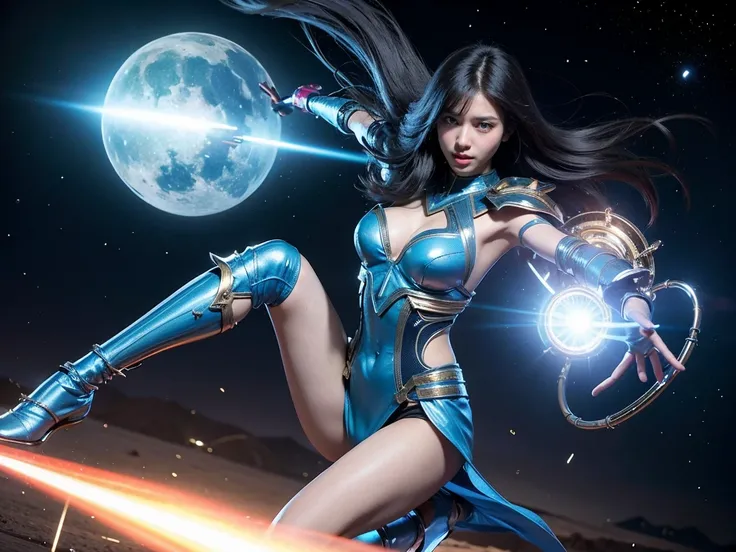 (Raw photo, highest quality), (realistic, Photoreal:1.3), 1 girl、realisticbody、blue egyptian battle costume、A female warrior flying from space、Battle against reptilian aliens、bounce laser with shield、smile