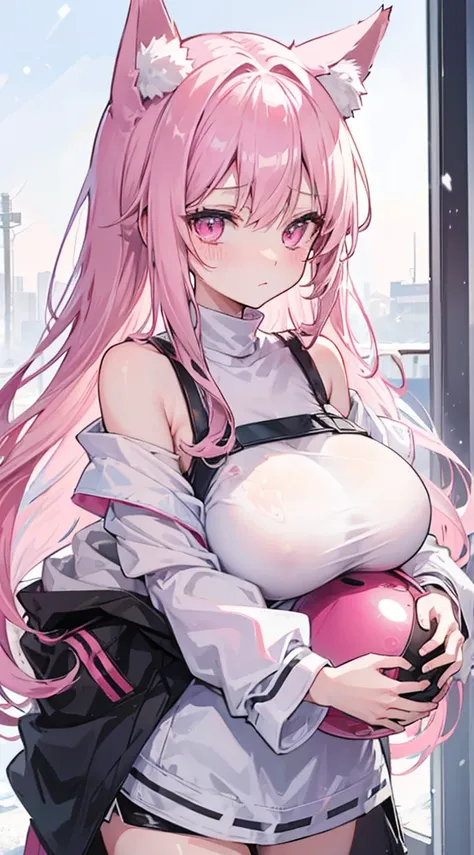 一名girl，extremely detailed faces，fox ears，light pink long hair，Micro roll，untidy，pink eyes，girl，Hair scattered behind him，A ball head tied on the head，sloping hair curtain，He wears a very cute sunglasses on his head，White off-shoulder short sleeves，black sp...