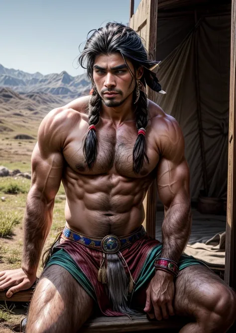 arafed man with a long beard and no shirt sitting in front of a teepee, : native american shamen fantasy, indian warrior, picture of an adult male warrior, indian, native american, native american warrior, indigenous man, provocative indian, strong masculi...