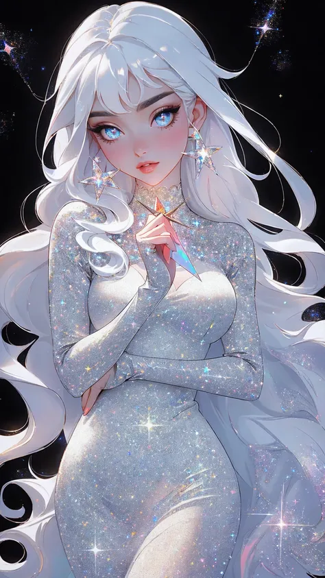 {-erro_de_anatomia:1.0} masterpiece, highest quality, (perfect face:1.1, (high detail)1.1, sweet stardust vampire , long soft white hair, opal eyes, perfectly drawn face, black dress, stars detailed background, prismatic lighting, glitter, whole bod., Very...