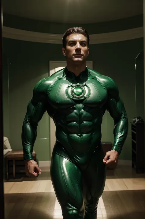 best quality,4k,highres,ultra-detailed,(realistic:1.37),(portrait:1.1),DCs green lantern flexing in front of mirror,confident facial expression,detailed facial features,emerald green glowing eyes,sharp jawline,suit perfectly hugging his body,rippling muscl...