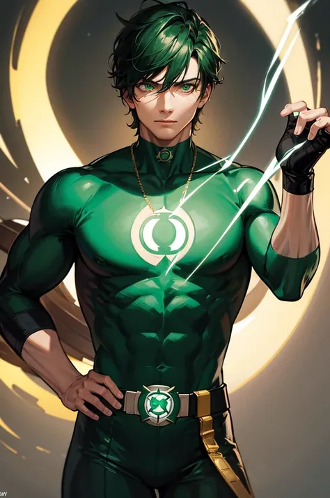 best quality,4k,highres,ultra-detailed,(realistic:1.37),(portrait:1.1),DCs green lantern flexing in front of mirror,confident facial expression,detailed facial features,emerald green glowing eyes,sharp jawline,suit perfectly hugging his body,rippling muscl...