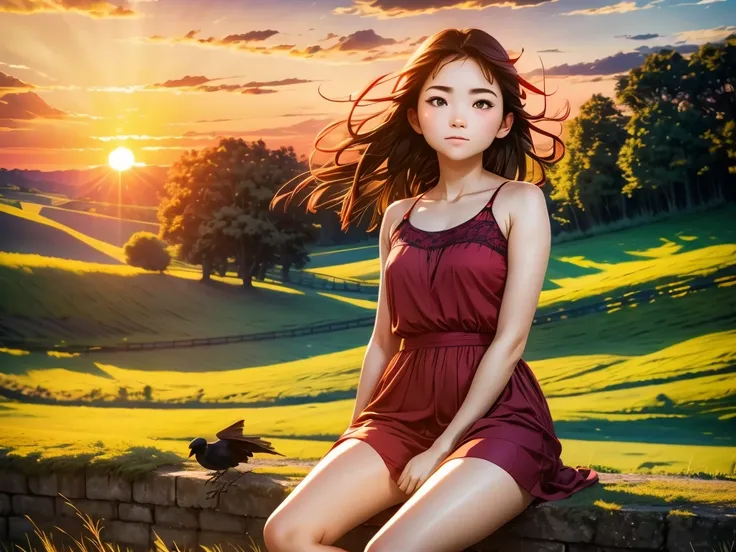 Ultra Wide Angle, beautiful countryside scenery, crows and red dragonflies flying, red sunset sky, girl sitting, photographed with a 15mm wide-angle lens