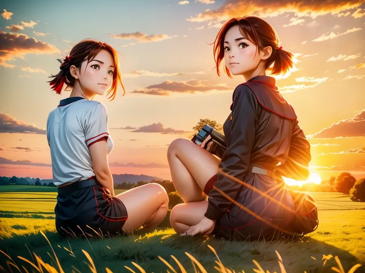 Ultra Wide Angle, beautiful countryside scenery, crows and red dragonflies flying, red sunset sky, girl sitting, photographed with a 15mm wide-angle lens