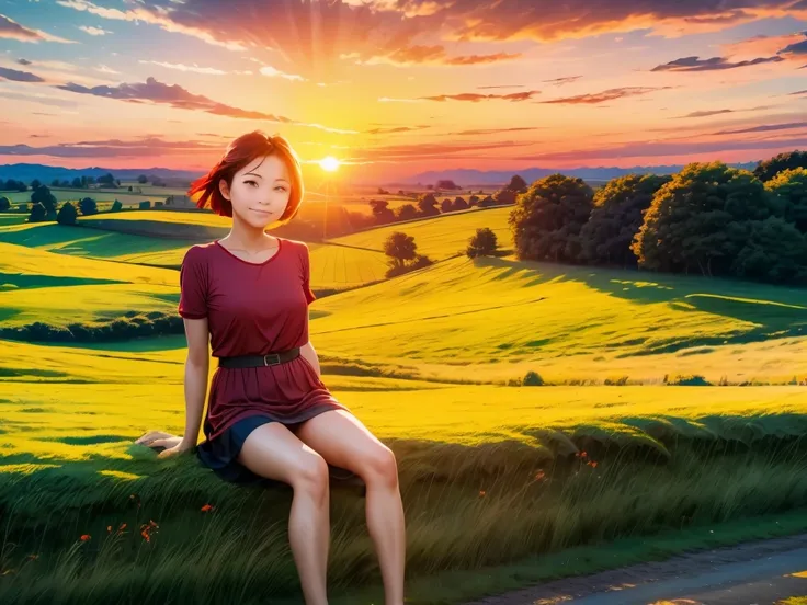 Ultra Wide Angle, beautiful countryside scenery, crows and red dragonflies flying, red sunset sky, girl sitting, photographed with a 15mm wide-angle lens