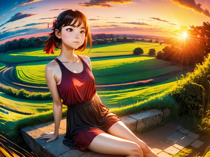 Ultra Wide Angle, beautiful countryside landscape, crows and red dragonflies flying, red sunset sky, girl sitting, shot with fisheye lens