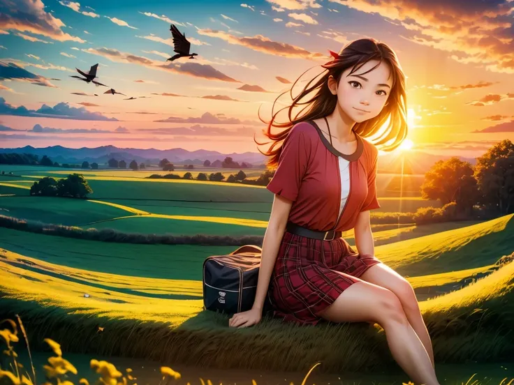 Ultra Wide Angle, beautiful countryside landscape, crows and red dragonflies flying, red sunset sky, girl sitting, shot with fisheye lens