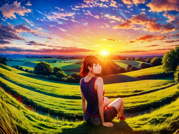 ultra wide angle, beautiful countryside landscape, crows and red dragonflies flying, red sunset sky, girl sitting, shot with fis...