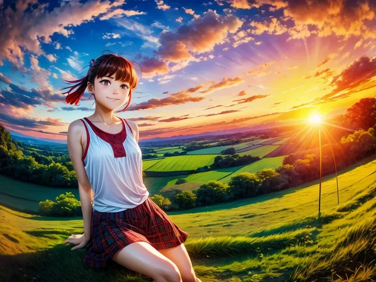 ultra wide angle, beautiful countryside landscape, crows and red dragonflies flying, red sunset sky, girl sitting, shot with fis...