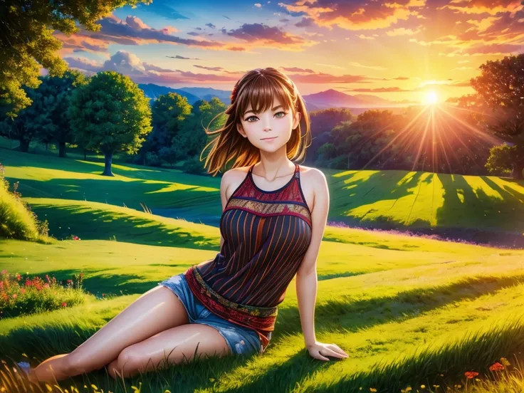 (best quality,4k,8k,highres,masterpiece:1.2),ultra-detailed,(realistic,photorealistic,photo-realistic:1.37),Ultra Wide Angle,beautiful countryside landscape,crows and red dragonflies flying,red sunset sky,girl sitting,shot with fisheye lens,illustration,oi...