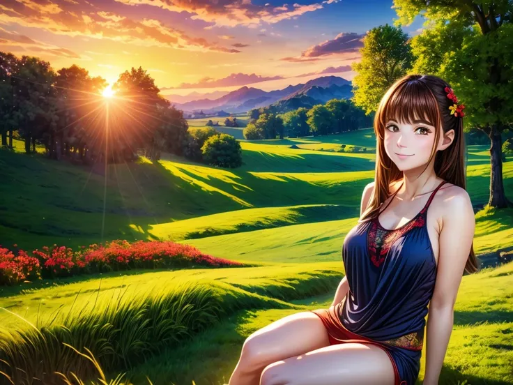 (best quality,4k,8k,highres,masterpiece:1.2),ultra-detailed,(realistic,photorealistic,photo-realistic:1.37),Ultra Wide Angle,beautiful countryside landscape,crows and red dragonflies flying,red sunset sky,girl sitting,shot with fisheye lens,illustration,oi...