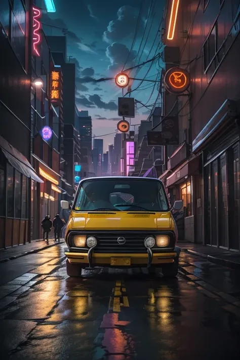 counter wave. city, 1969 nissan serena c26 minivan, wide body kit, road, Purple Neon, sun, close
(masterpiece, be familiar with, High resolution), 1 beautiful blonde woman Junko neon city style, 1 girl blonde