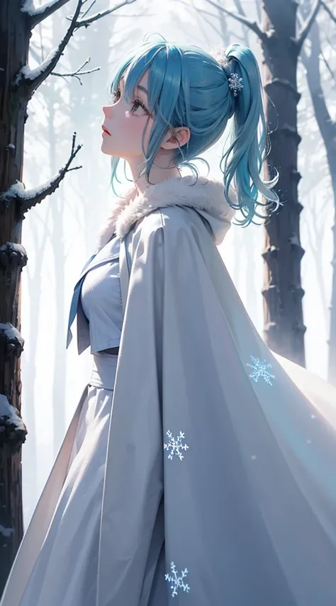 1 girl, pastel blue hair, ponytail,white cape coat, fluffy coat,winter forest, snowflake, soft movie-like light, fantastic atmosphere, very detailed, (faded), ((Backlight)), face focus, magical colors and lights, From the side, look up