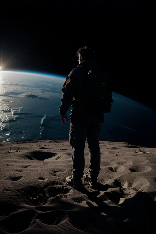 a man standing on the moon gazing at earth.  The curvature of the planet is clearly visible, along with the swirls of clouds and the vast oceans.