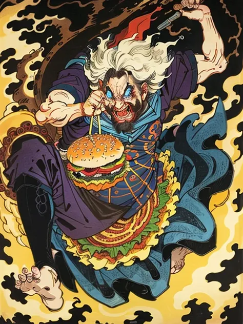 (A clown man with a scary face bites into a hamburger),buzz cut，Floating world style，KHD，simple background，master piece，KHD、
