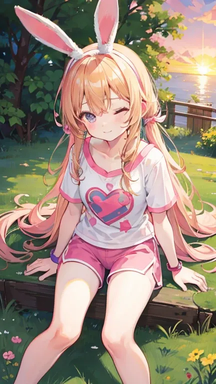 a cute 5 year old church girl named Anna, both brownish blonde hair, long wavy hair, short sleeved jersey tshirt, pink shorts, wearing a pink hairband with long bunny ears, on knees, eyes closed, sunset, slight smile, wristbands, barefoot 