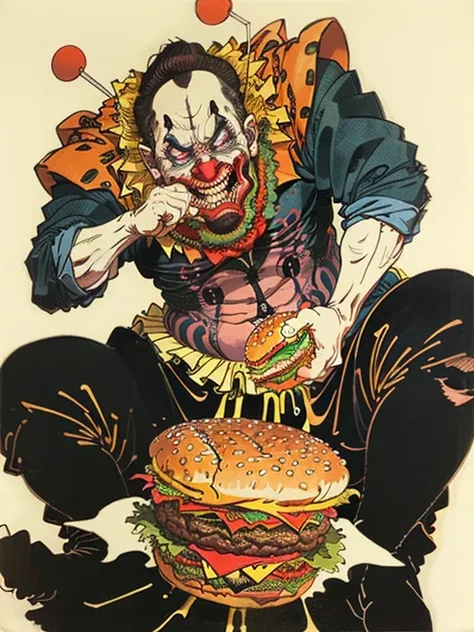 (A clown man with a scary face bites into a hamburger),buzz cut，Floating world style，KHD，simple background，master piece，KHD、
