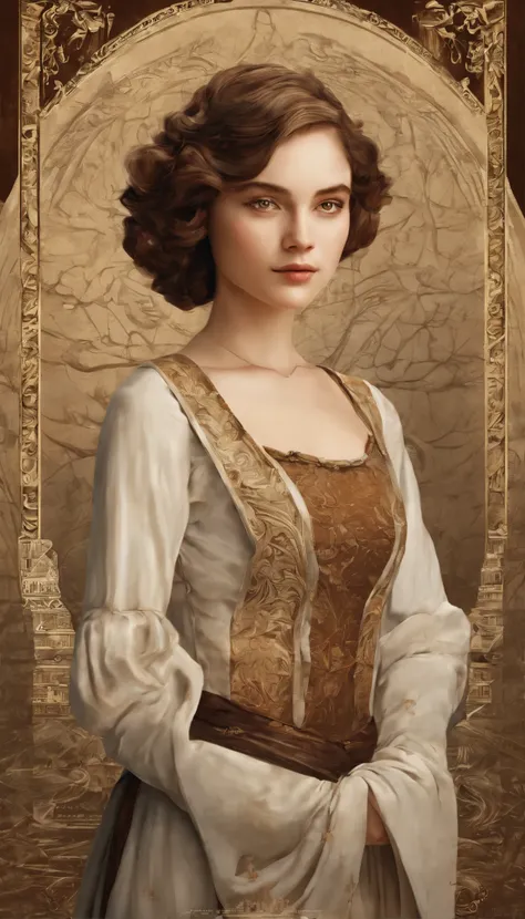 Medieval European painting、Women of the Belle Époque、1 girl、Beautiful teenage girl、very 、short wavy brown hair、portrait、oil、Modern and realistic proportions、Intricate and intricate details、sharp focus