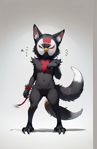 (((Animals,white monster, An illustration, ))), (blindfold, Sad face, fox head, wolf carcass, owl back wing, tail snake, four legs), Standing picture