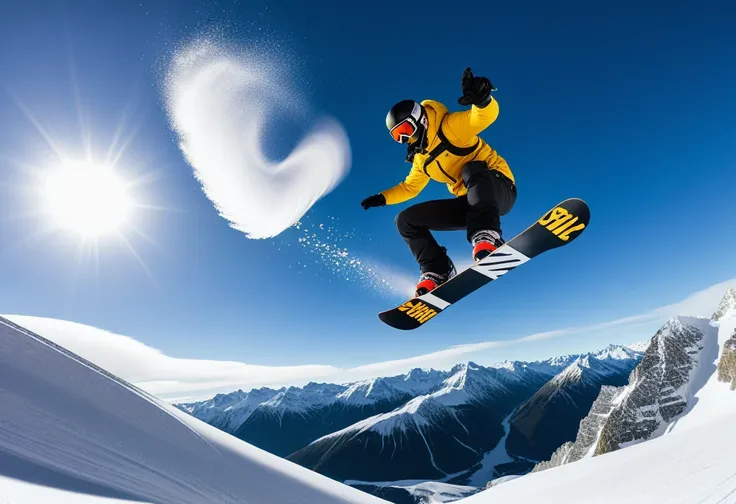 Action shot of a snowboarder soaring through the air during a daring jump, captured impeccably with a Sony FDR-X3000 camera, radiating a panorama of exceptional visuals, a breathtaking masterpiece by 35awards, showcasing superior, intensely realistic detai...