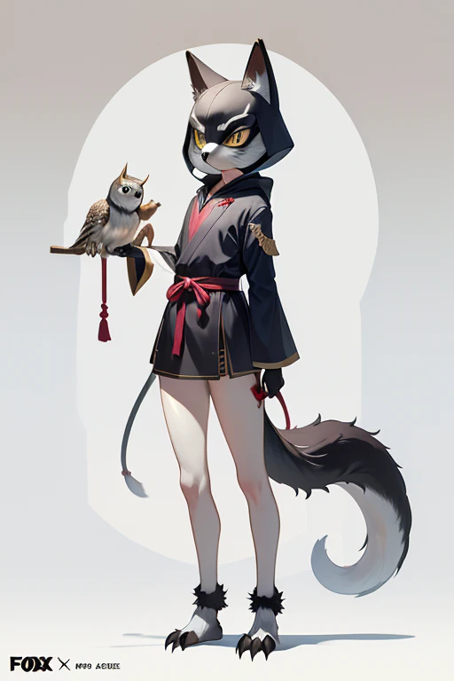 (((Animals,white monster, An illustration, ))), (fox mask, Sad face, fox head, wolf carcass, owl back wing, tail snake, four legs), Standing picture