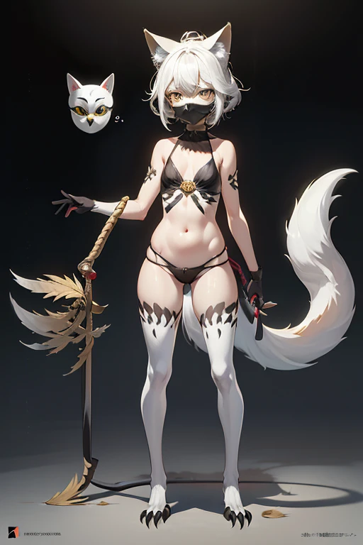 (((Animals,white monster, An illustration, ))), (fox mask, Sad face, fox head, wolf carcass, owl back wing, tail snake, four legs), Standing picture