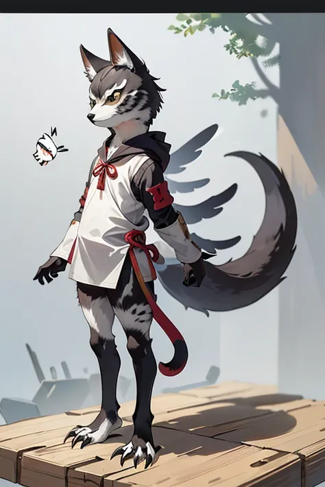 (((Animals,white monster, An illustration, ))), (fox mask, Sad face, fox head, wolf carcass, owl back wing, tail snake, four legs), Standing picture