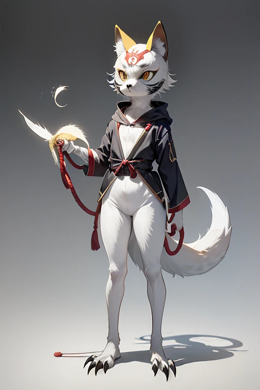 (((Animals,white monster, An illustration, ))), (fox mask, Sad face, fox head, wolf carcass, owl back wing, tail snake, four legs), Standing picture