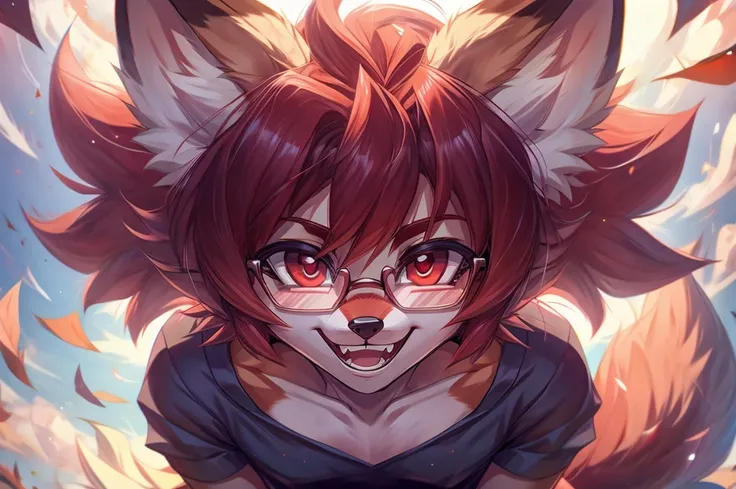 1solo, fox furry girl with short dark red hair, fluffy hair shy, beautiful red eyes, wearing square glasses, very fluffy tail, ears fluffy, smug grin 17 years old , very young body, flat chest, innocent , skinny, feminine girl, thin, wearing a modest Gothi...