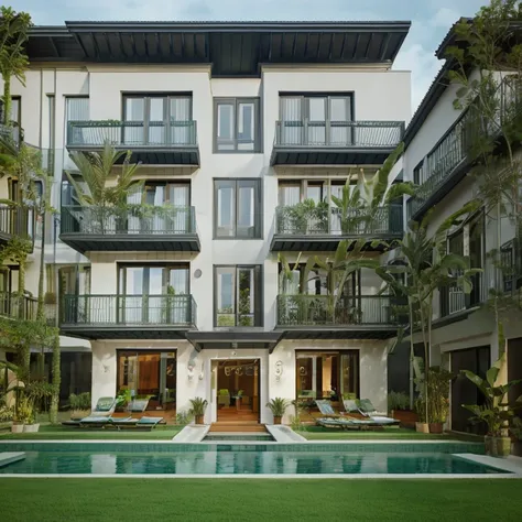 modern town villa large windows and balconies on the first floor, tropical green plants wide angle shot canon eos showcasing mod...