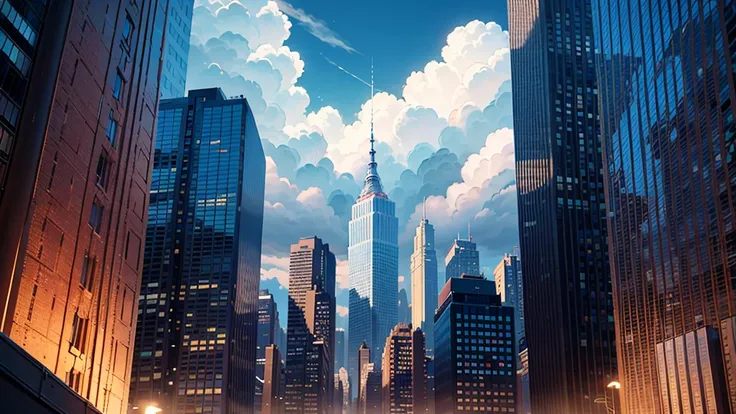 8k quality, New York street, very tall buildings, photo taken from the street up to the sky, the top of the buildings are covered by clouds, vivid colors.