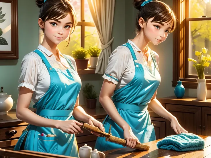 A maid diligently cleaning the room, using a feather duster to remove dust from every surface, hands swiftly wiping away dirt stains [cleaning the room, diligent maid, feather duster, hands swiftly wiping, removing dust, surfaces free from dirt stains]. Th...