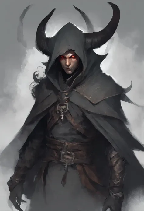 Tiefling rogue with light grey skin and small horns. He has a veil covering his face, which is covered in small scars. He wears a simple dark cloak and his long dark hair falls over his shoulders.