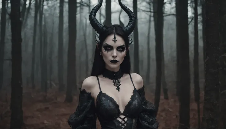 exciting demon woman with horns, dressed in sexy lingerie, stands in a dark gloomy forest, darksynth aesthetics, gothic makeup, weird fashion photography, ultra detailed, masterpiece.