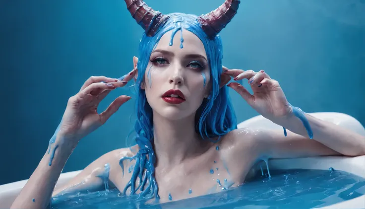 woman with horns in a tub of blue liquid, dripping skin, girl design lush horns, with horns, demon girl, trending on deviant art, dripping with oil in the head, liquid headdress, hyperrealistic fantasy art, character is covered in liquid, dripping wax, jan...