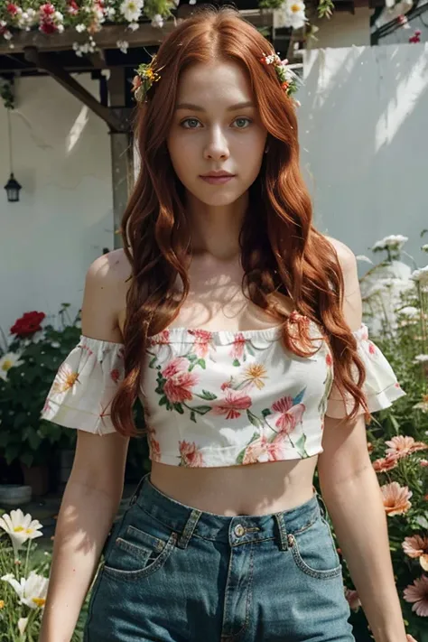 Caucasian female with green eyes, long wavy red hair, wearing a flowery top, surrounded by colorful flowers in the background