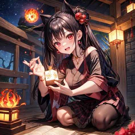 Pink-black hair、red eyes、one good looking girl、solo、anime、plaid mini skirt、black camisole、black t-shirt、kimono、wearing a ribbon、ribbon at waist、stone slabs are piled up、crystal earrings、jewelry necklace、Light and shadow、clock、universe、vine plant、petal、tilt...