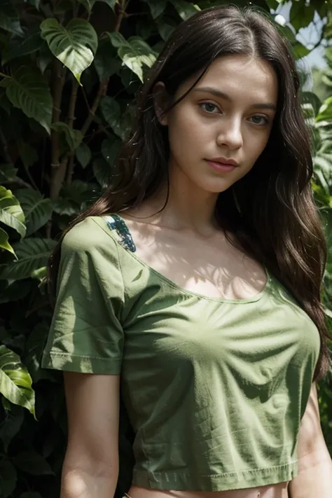 Caucasian female with green eyes, long wavy black hair, wearing a green leafy top, surrounded by lush green foliage in the background