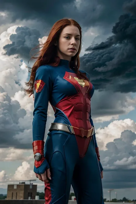 Caucasian female around 25 years old, with long red hair, wearing a red and blue superhero costume with a light bolt emblem, standing with a stormy sky in the background