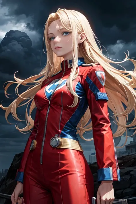 Caucasian female around 25 years old, with long blonde hair, wearing a red and blue superhero costume with a light bolt emblem, standing with a stormy sky in the background