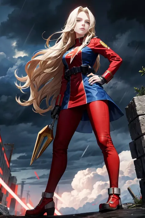 Caucasian female around 25 years old, with long blonde hair, wearing a red and blue superhero costume with a light bolt emblem, standing with a stormy sky in the background