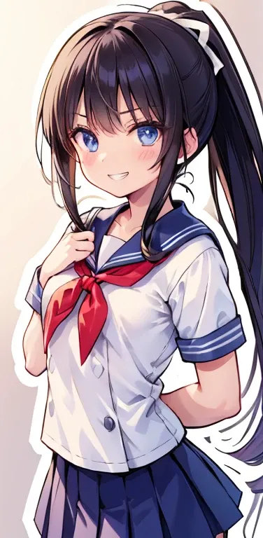 Realistic、1girl、black hair、(forehead),blue eyes、open stance,(ponytail),(eye focus:1.3,cowboy shot),(gradient eyes:1.3), JK: 1.1,(sailor uniform
)、(grin:1.3),cute face、,(tareme:1.3),(small breasts:1.3),