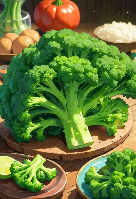 beautifully arranged green broccoli on a table,delicate stems with tender tips,crisp and fresh,artistic presentation,naturally vibrant colors,(best quality,4k,8k,highres,masterpiece:1.2),ultra-detailed,realistic:1.37,close-up details,textured green shoots,...