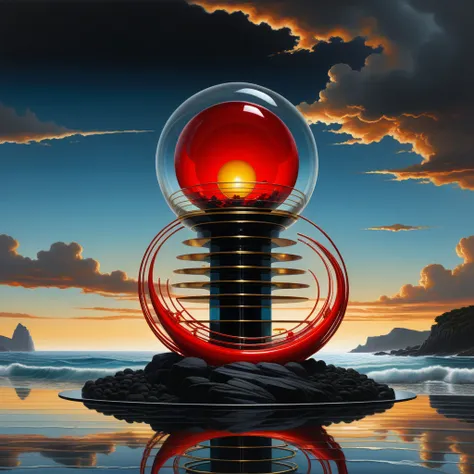 Hyperrealistic digital painting of a majestic glass sculpture by the sea, embodying "Love conquers depression, " incorporates vivid hues of red within glass, contrast of black, intricate gold and platinum wire work, backdrop of Simon Bergers post-apocalypt...