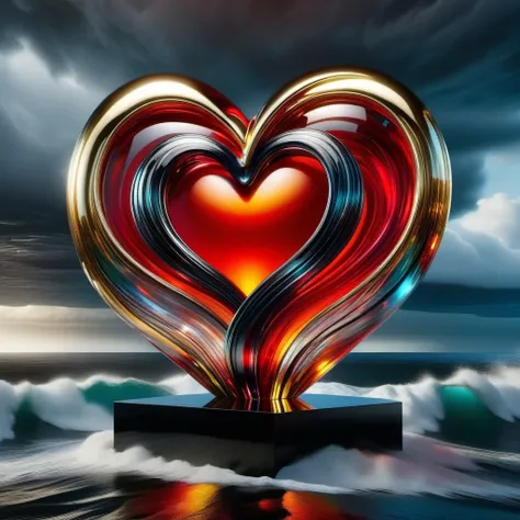 Hyperrealistic digital painting of a majestic glass sculpture by the sea, embodying "Love conquers depression, " incorporates vivid hues of red within glass, contrast of black, intricate gold and platinum wire work, backdrop of Simon Bergers post-apocalypt...