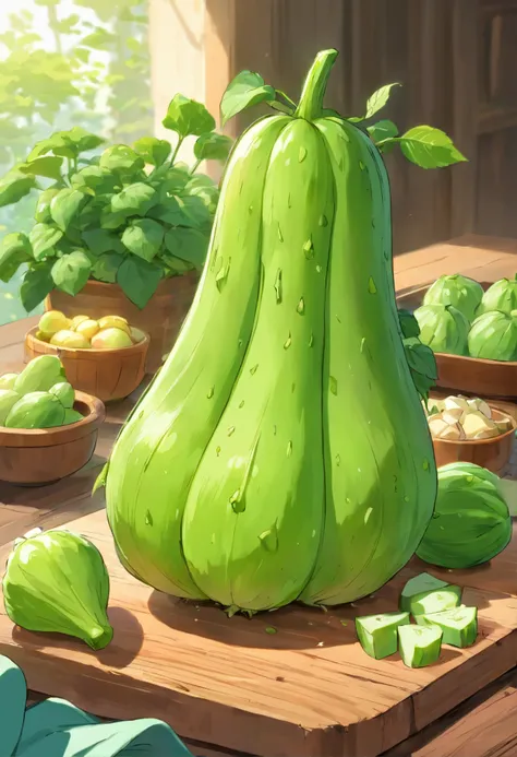 beautifully arranged chayote on a table,delicate stems with tender tips,crisp and fresh,artistic presentation,naturally vibrant colors,(best quality,4k,8k,highres,masterpiece:1.2),ultra-detailed,realistic:1.37,close-up details,textured green shoots,studio ...