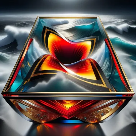 Glass tabletop resting against facing tempestuous ocean, embodying "Love conquers all" through vivid red and bold black hues interwoven with gold and platinum wire work, funneling into an outer space vanishing point, fusion of Mike Daviss complexity, Xue W...