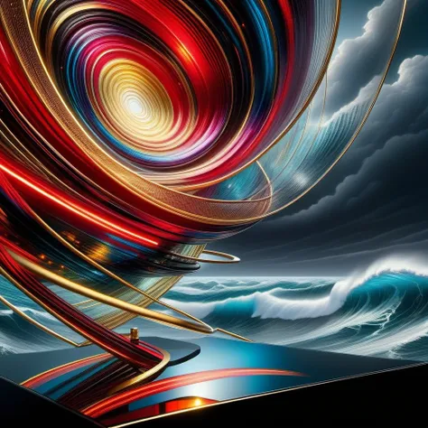 Glass tabletop resting against facing tempestuous ocean, embodying "Love conquers all" through vivid red and bold black hues interwoven with gold and platinum wire work, funneling into an outer space vanishing point, fusion of Mike Daviss complexity, Xue W...